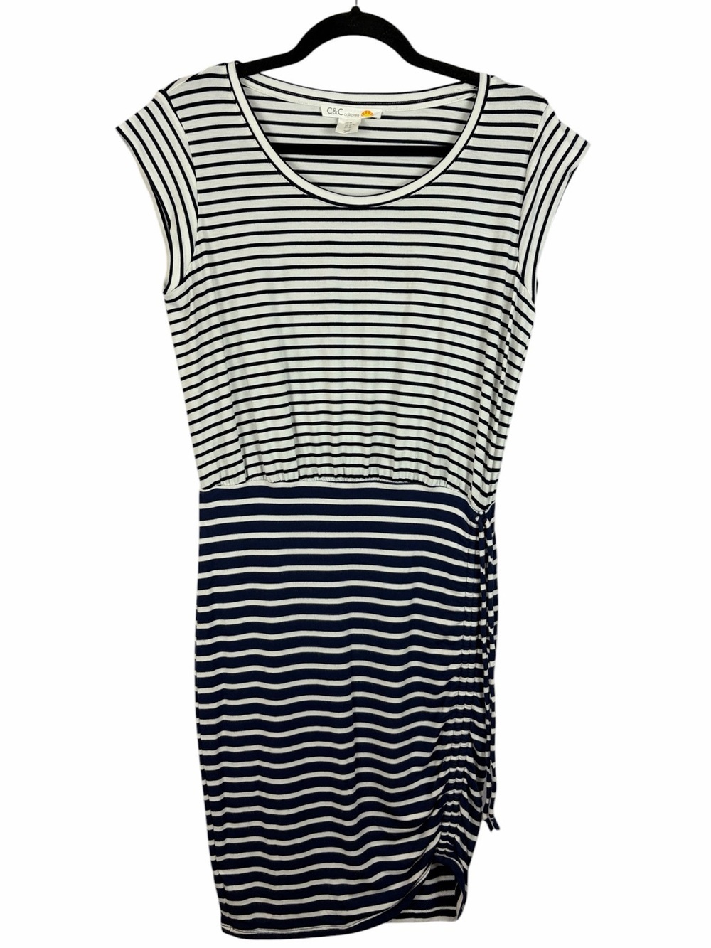 C&C California Striped Ruched Drawstring Dress Navy White Medium